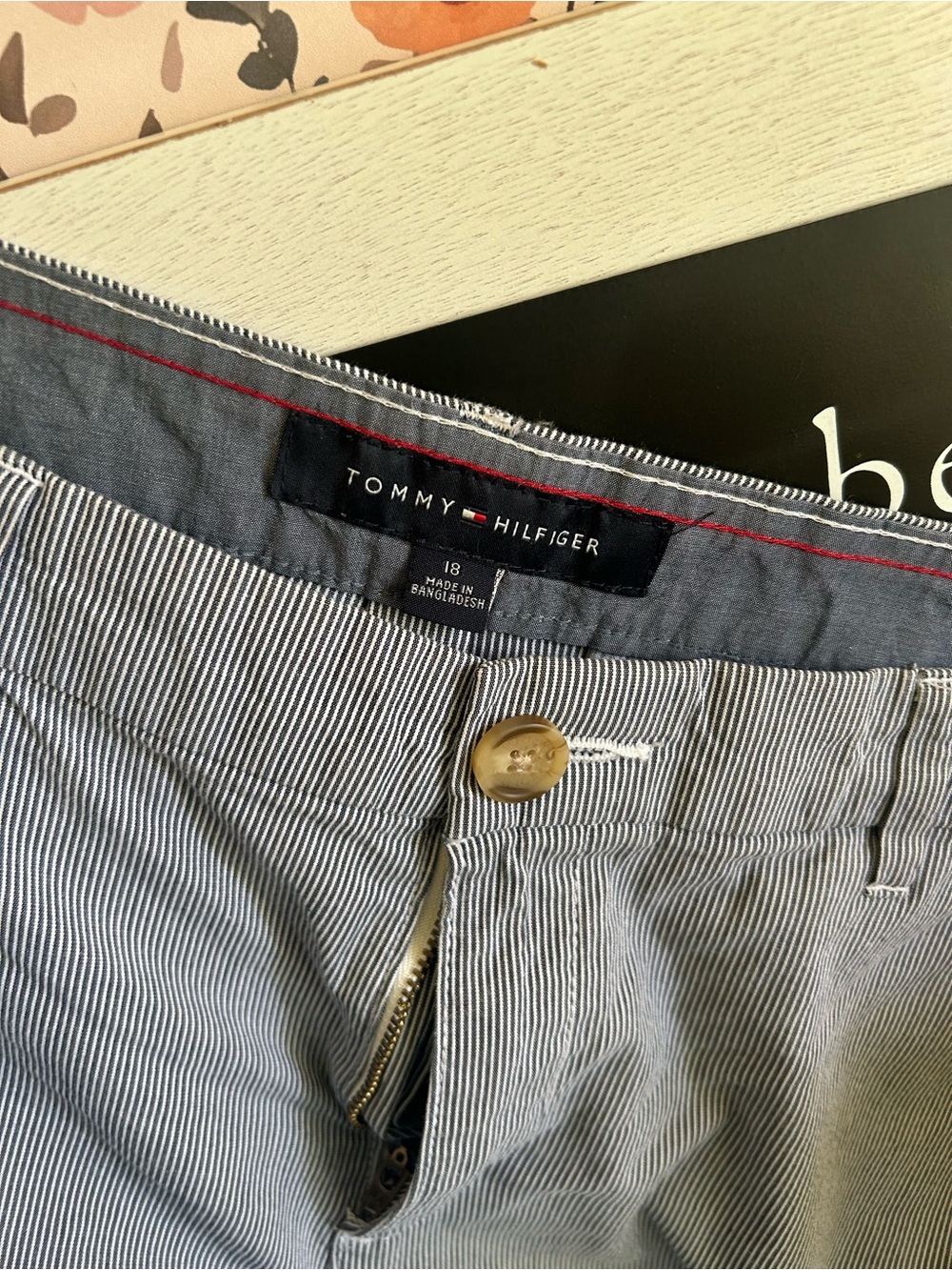 Tommy Hilfiger Women's Blue and White Pinstripe Trousers